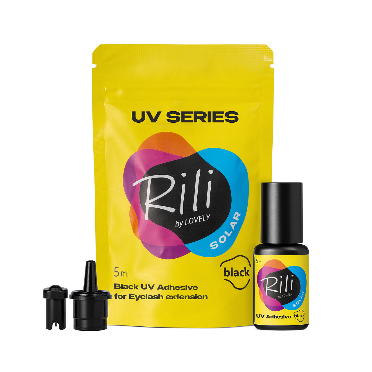 LOVELY UV klijai blakstienų priauginimui „Rili Solar“, juodi, 5 ml