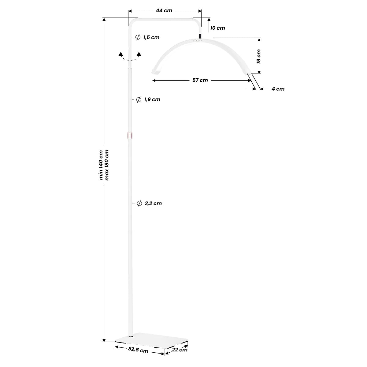 Blakstienų ir makiažo be šešėlių LED lempa Momo balta su pagrindu