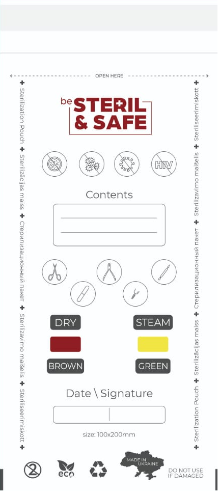 be STERIL&SAFE Karšto oro ir autoklavo derinamosios sterilizacijos maišeliai 100x200 mm PKW su indikatoriumi Balti 100 vnt.